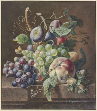 古典的な静物画 Painting - 桃とブドウの静物 ブルーメンブーケ ダベイ アイン トーター フォーゲル ヤン ファン ホイスム